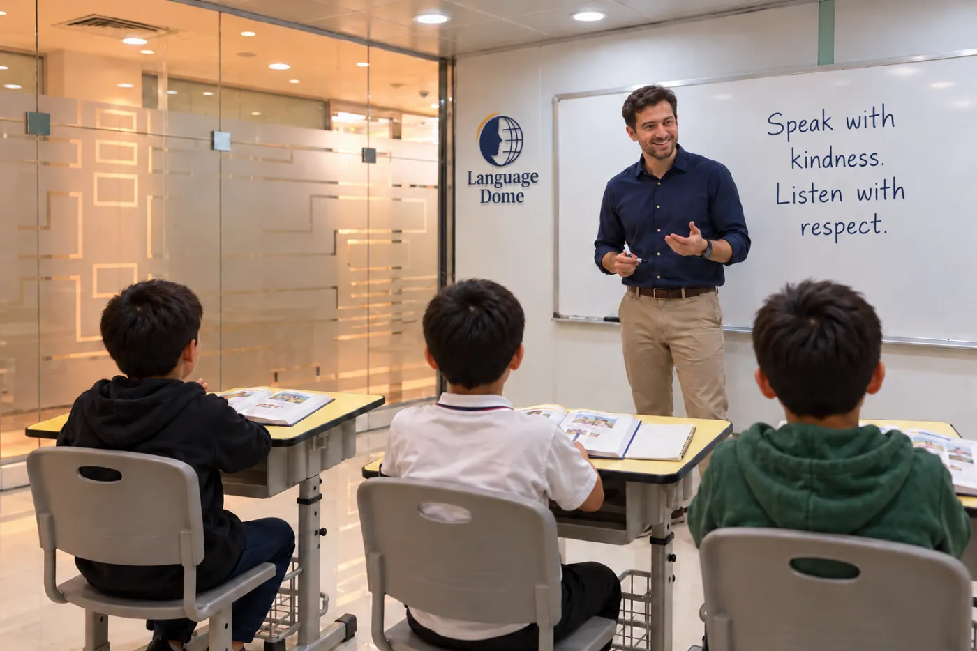 Children working at their desks in a bright classroom at Language Dome